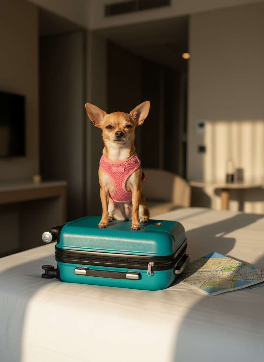 A tiny, short-haired fawn Chihuahua with oversized ears and a shiny pink travel harness, sitting proudly atop a compact hard-shell carry-on suitcase in soft teal. The suitcase rests on a neatly made white hotel bed with crisp linens and a folded city map beside it. Warm late-afternoon window light spills across the scene, creating gentle shadows and a cozy glow. Photographic realism with a playful, colorful aesthetic. Shot at eye level with a shallow depth of field, the dog and suitcase are in sharp focus while the background—blurred hints of a modern hotel room with neutral tones—creates a dreamy, wanderlust-filled atmosphere ideal for a pet travel blog hero image.