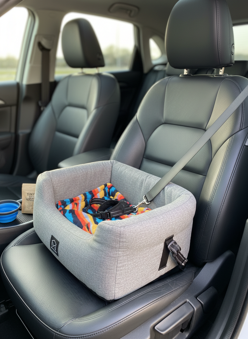 A compact car interior tailored for a 4-lb Chihuahua road trip: a small, buckled-in booster seat in heather grey fabric with plush sides and a clipped-in harness, set on the passenger seat of a modern vehicle with black leather upholstery. A colorful travel blanket is partially tucked into the booster, and a narrow center console holds a collapsible water bowl and a tiny bag of treats. Late-morning natural light filters through the windshield, creating gentle highlights on the fabric and dashboard while leaving the background slightly subdued. Photographic realism, captured from the driver’s perspective with a shallow depth of field, emphasizing safety details and cozy textures, and conveying a relaxed, confident mood about driving with a tiny dog.